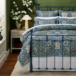 Morris & Co Honeysuckle Tulip Quilt & Shams, Queen Quilt, Teal Blue