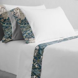 Morris & Co Honeysuckle Tulip Cuffed Sheet Set, Queen Sheet Set, Teal Blue