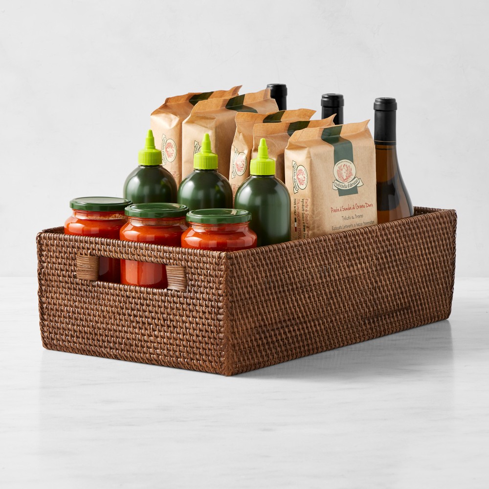 Hold Everything Rattan Cubby Pantry Baskets - Low Profile, Walnut