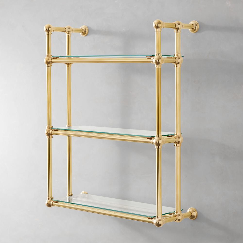 Brass wall-mount frame with two glass shelves