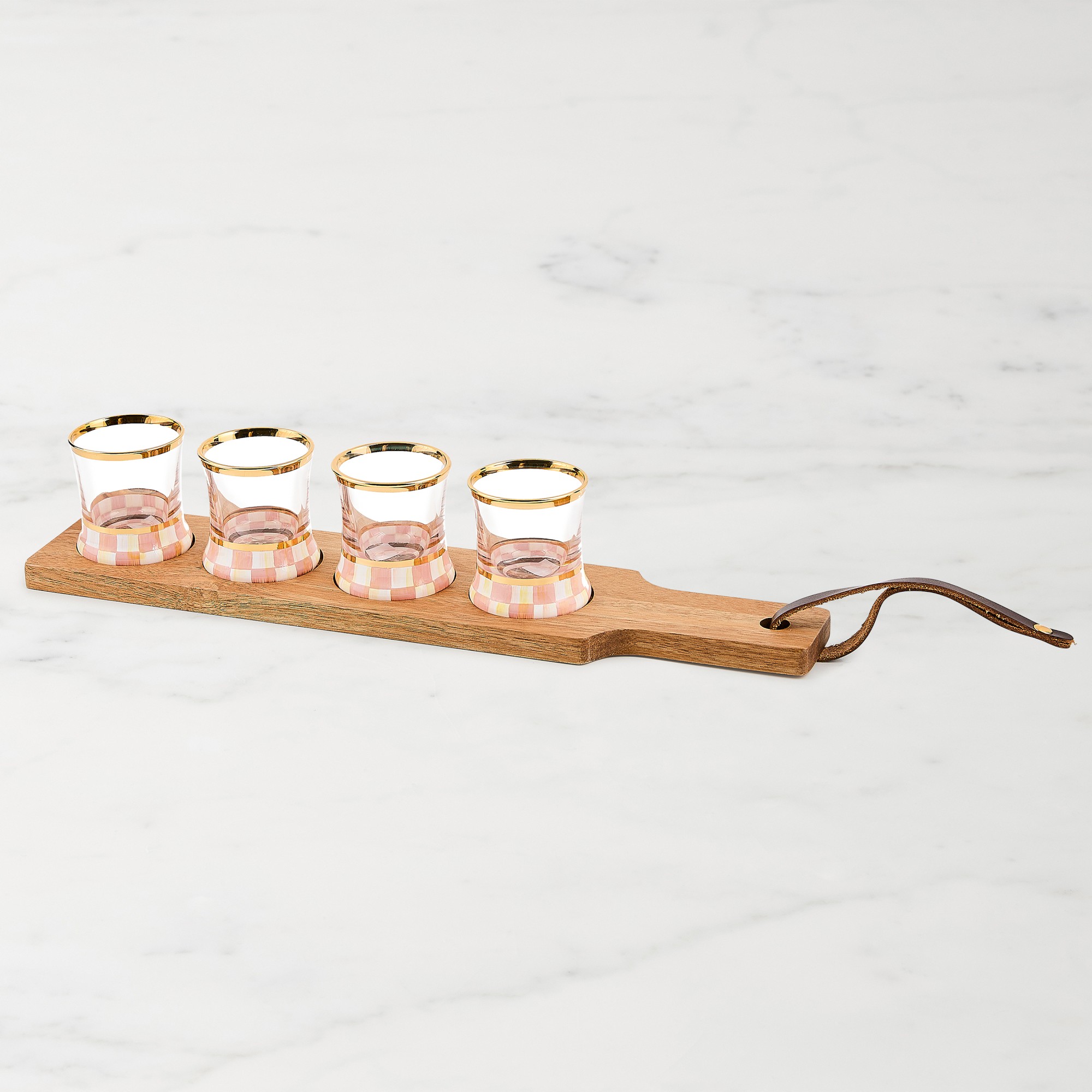 MacKenzie-Childs Pink Courtly Check Shot Glass Flight Board, Set of 4 Simolary simolary.com