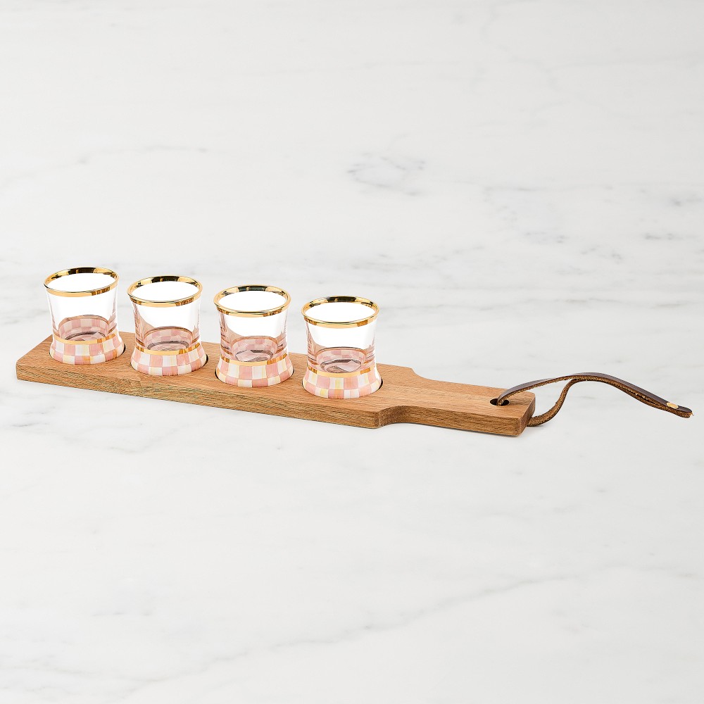 MacKenzie-Childs Pink Courtly Check Shot Glass Flight Board, Set of 4 - Set of 4