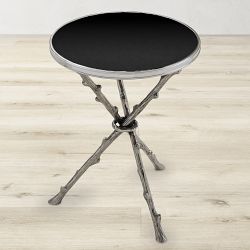 Faux Bois Accent Table, Nickel, Black Top