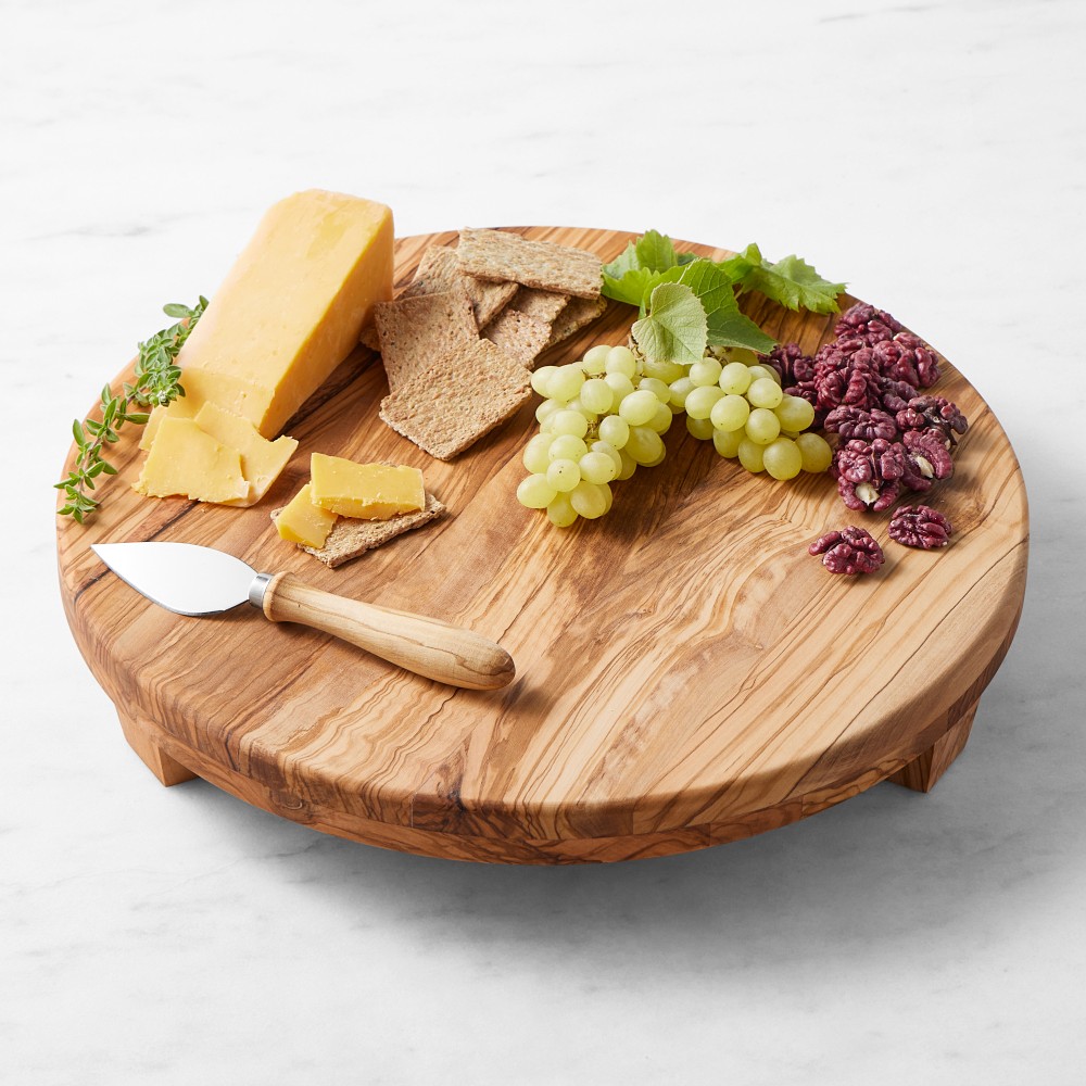 Olivewood Round Footed Pedestal with Cheese Knives