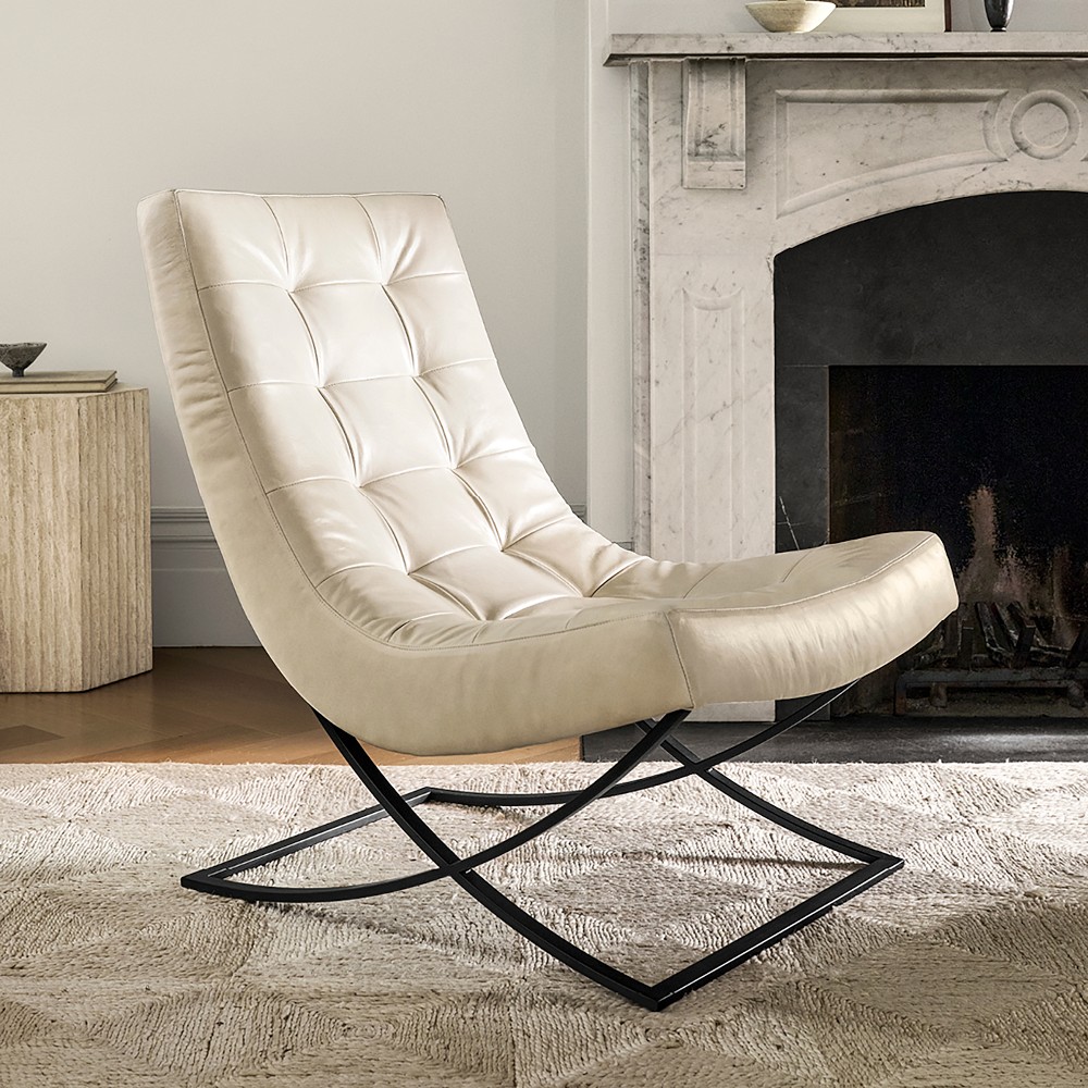 Beige/cream leather accent chair with tufted upholstery