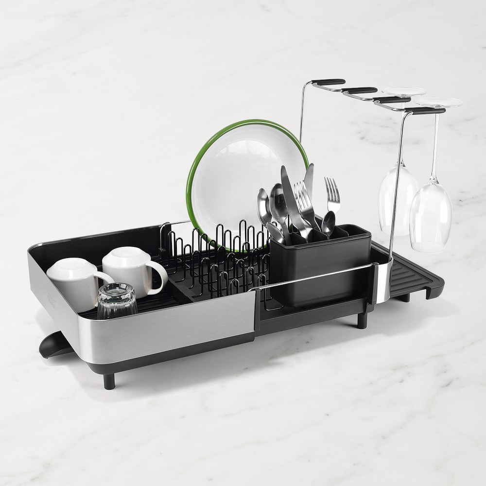 Joseph Joseph Extend Steel Plus Expandable Dish Rack with Wine Glass Holder - Black