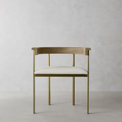 OPEN BOX: Tulip Dining Armchair, Drifted Heritage Grey, Performance Slub Weave, White, Antique Brass