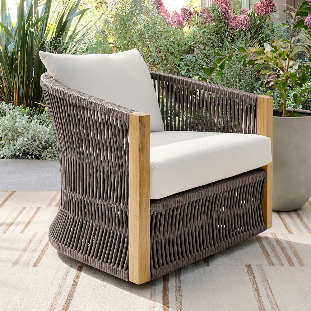 Pasadena Outdoor Teak and Brown Rope Swivel Chair by Williams Sonoma Home