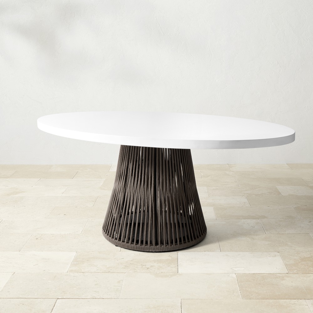 Table with white top and dark slatted pedestal (front view)
