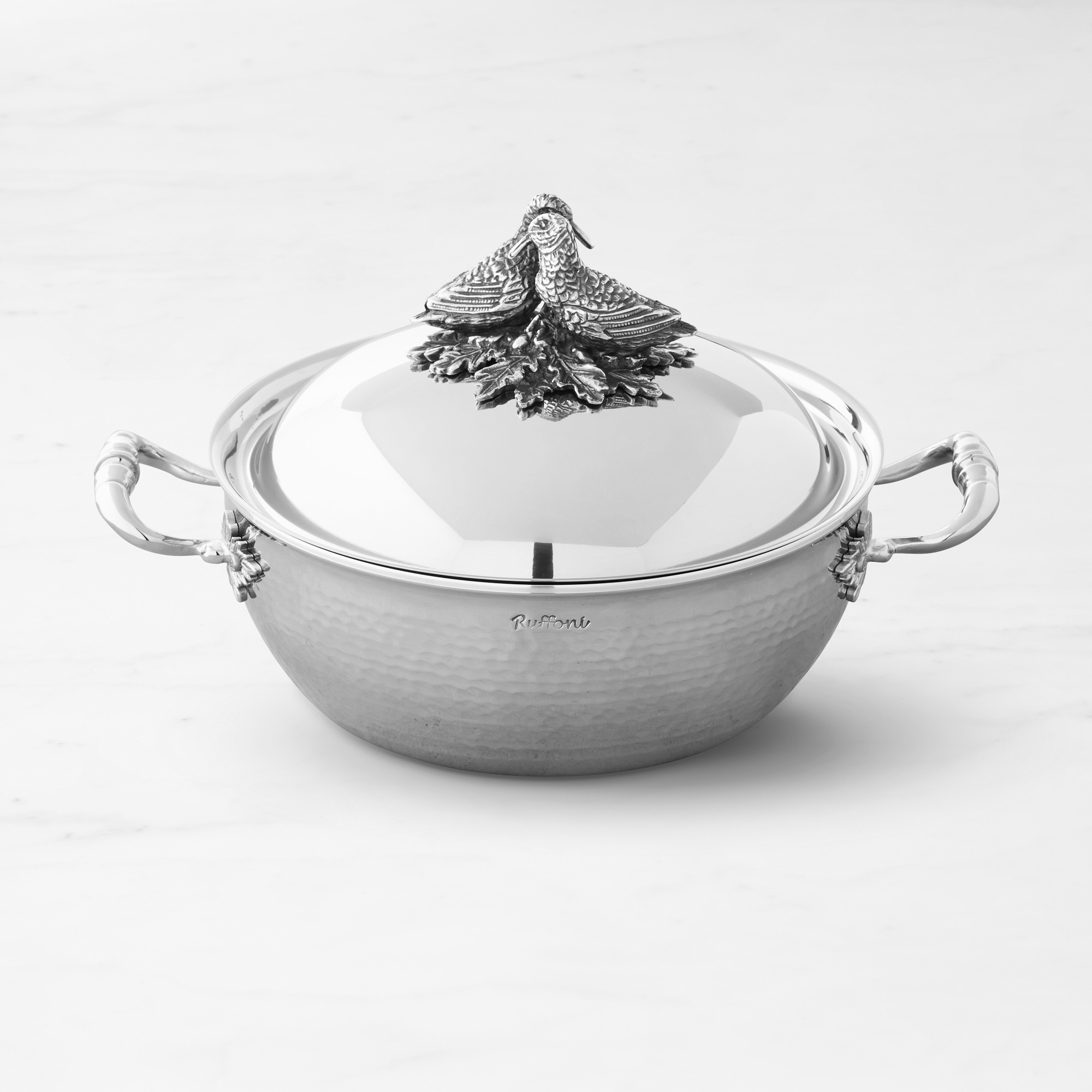 Ruffoni Opus Prima Hammered Stainless- Steel Saucier with Lovebirds Knob, 4-Qt. Simolary simolary.com