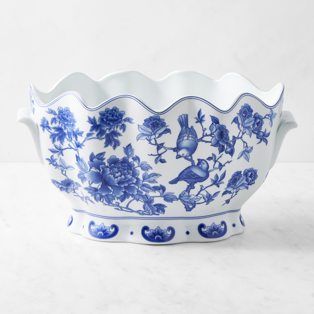 Chinoiserie Scallop Vessel - Blue and White, 18" x 10" x 10"