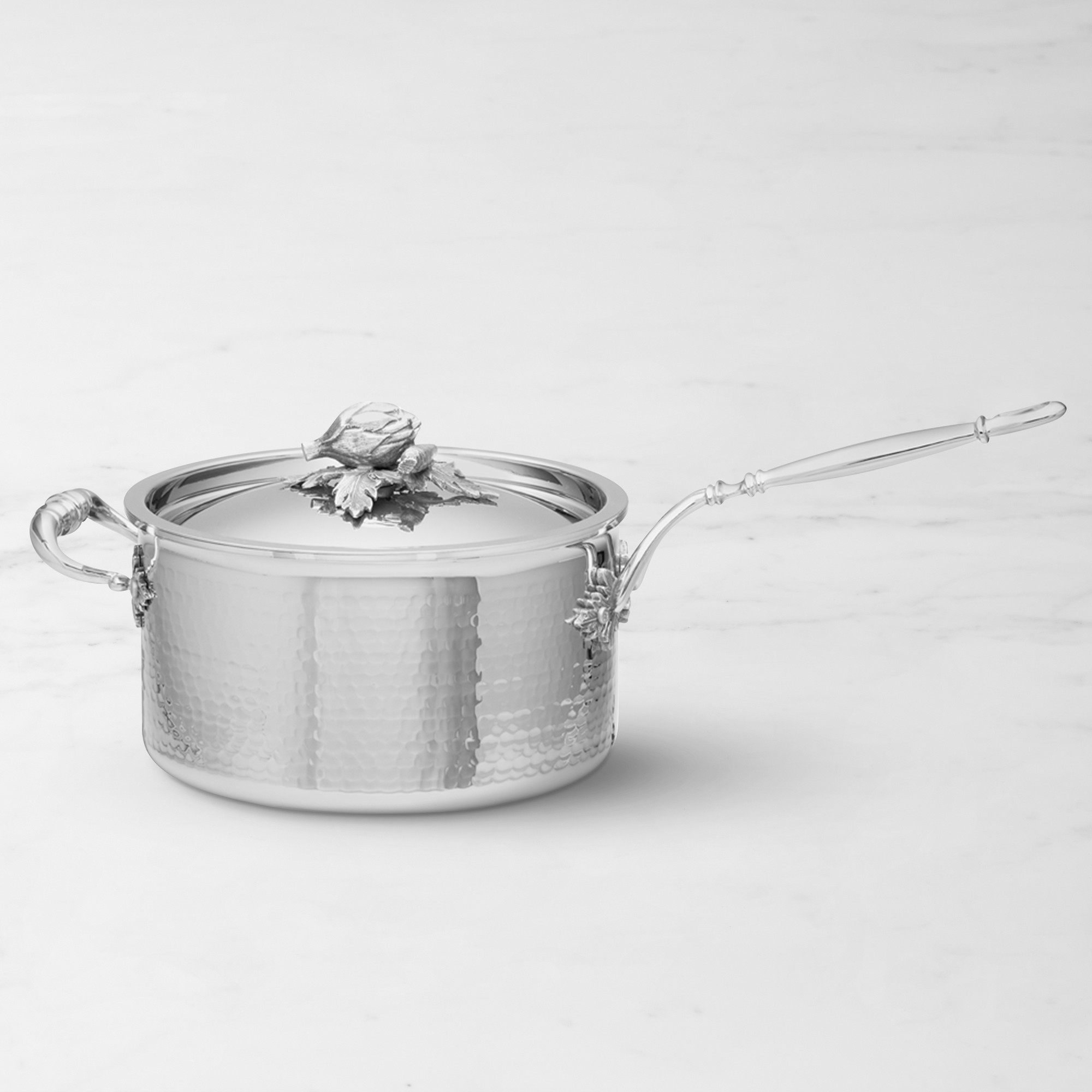 Ruffoni Opus Prima Hammered Stainless-Steel Saucepan with Artichoke Knob, 4-Qt. Simolary simolary.com