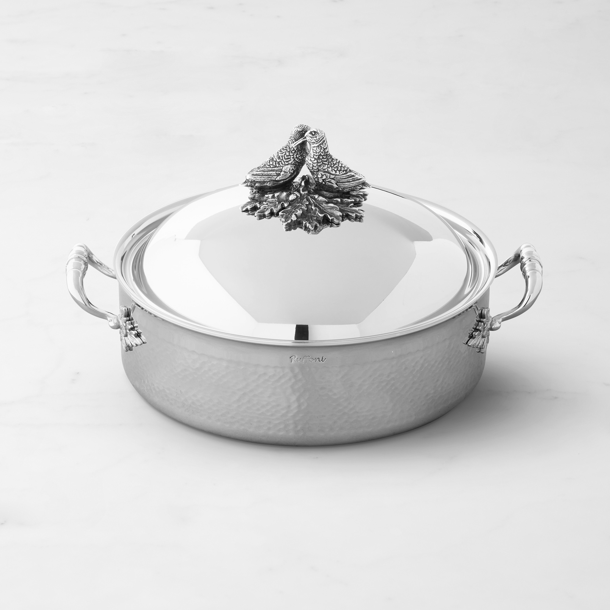 Ruffoni Opus Prima Hammered Stainless- Steel Braiser with Lovebirds Knob, 7-Qt. Simolary simolary.com