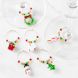 Williams Sonoma Holiday Novelty Glass Wine Charms, Set of 6