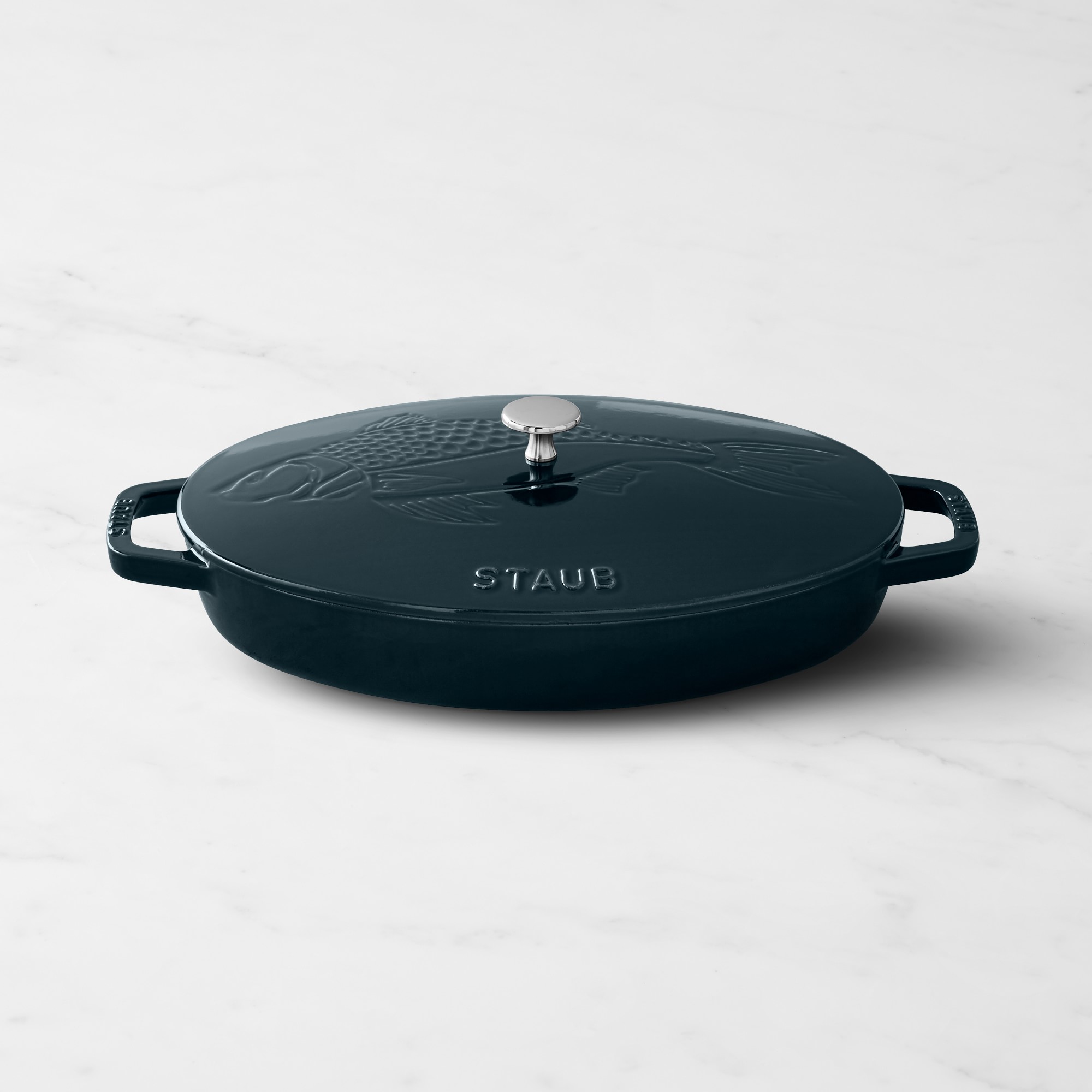 Staub Enameled Cast Iron Oval Gratin with Sea Bass Embossed Lid, 2.25 Qt. Simolary simolary.com