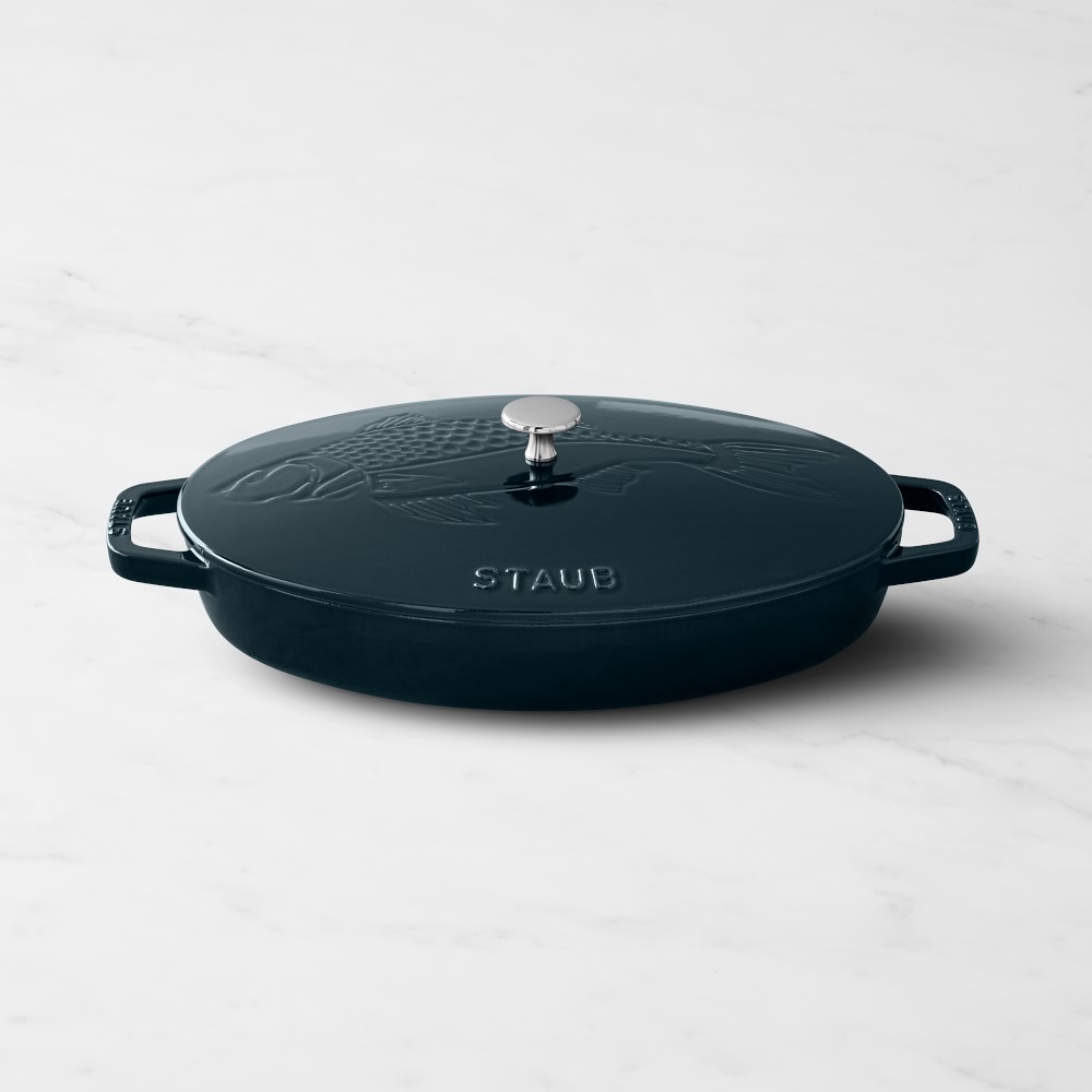 Staub Enameled Cast Iron Oval Gratin with Sea Bass Embossed Lid, 2.25 Qt. - 2.25-Qt., La Mer