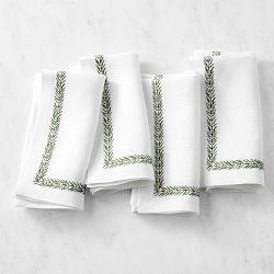 Leaf Garland Embroidered Napkins, Set of 4, Green