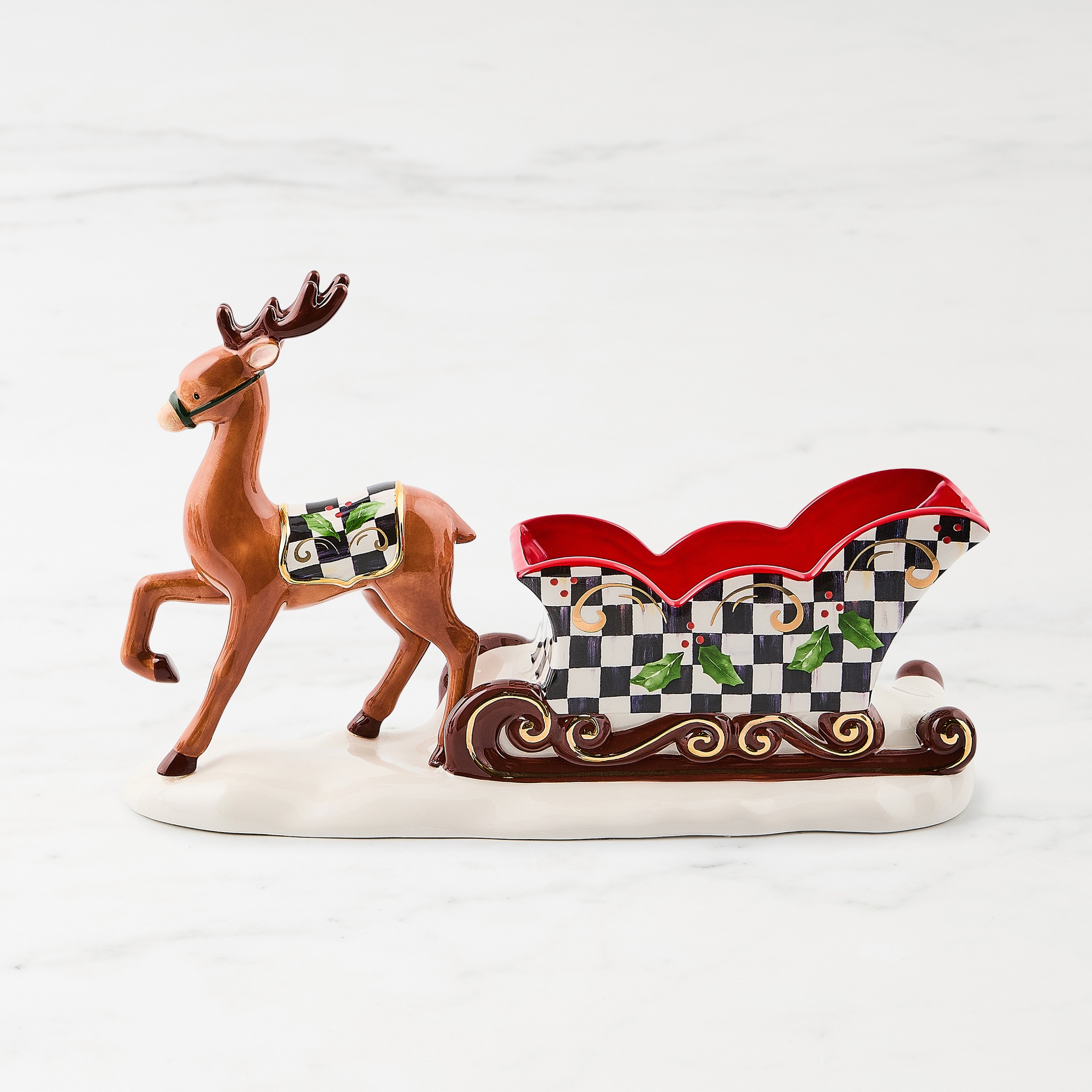 MacKenzie-Childs Holly Deer Sleigh Ceramic Candy Dish Simolary simolary.com 5