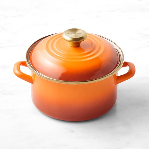 Le Creuset Enameled-Steel Stockpot, 4-Qt., Persimmon with Gold Accents