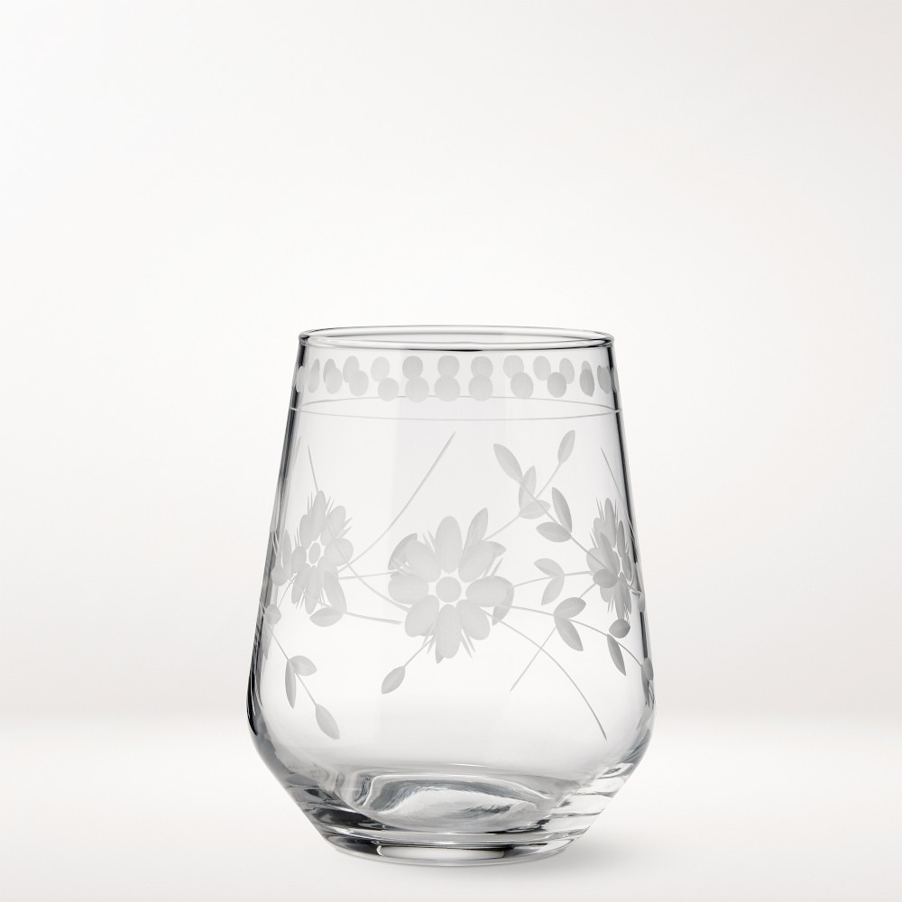 Vintage Etched Stemless Wine Glasses - Set of 4