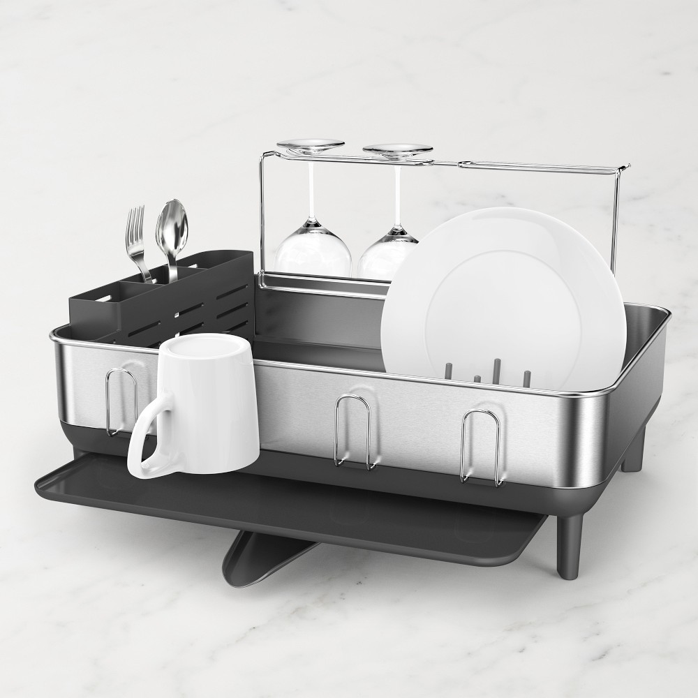 simplehuman™ Kitchen Dish Rack - Fingerprint-Proof Stainless Steel Frame, Grey Plastic