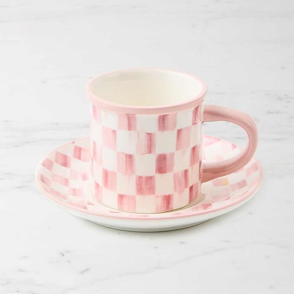 Set of 2 -MacKenzie-Childs Rosy Check Espresso Cup & Saucers