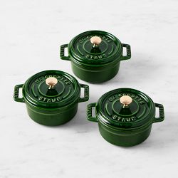 Staub Enameled Cast Iron Mini Cocotte Set of Three, 1/4-Qt., Basil with Brass Knob