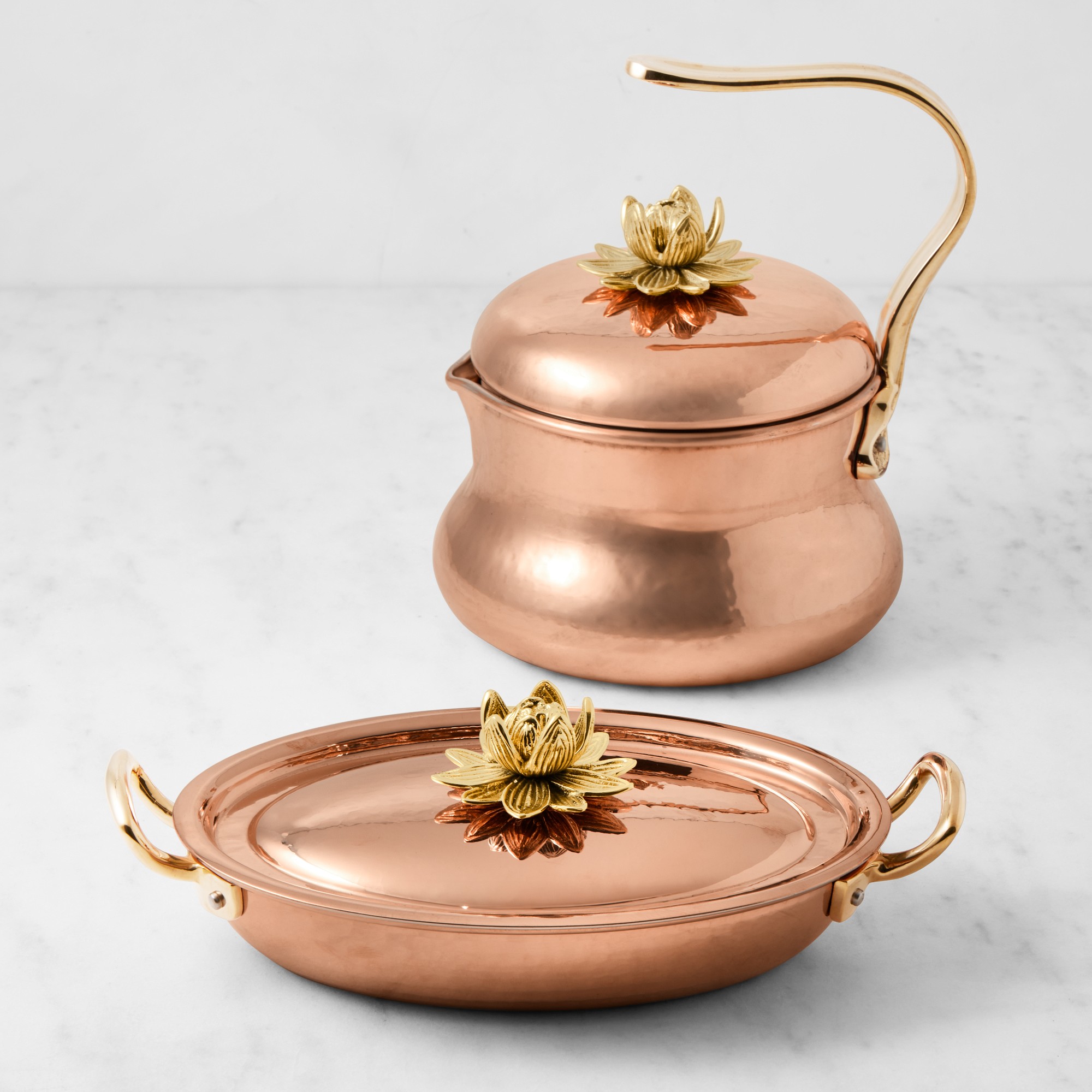 Ruffoni Historia Hammered Copper Au Gratin & Kettle with Lotus Knob Set Simolary simolary.com