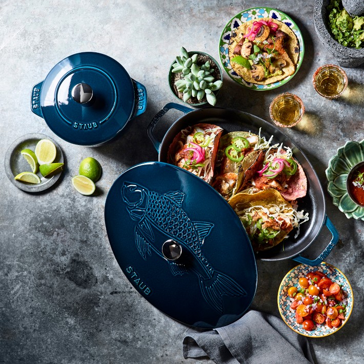 Staub Cast-Iron Oval Gratin Dish with Sea Bass Embossed Lid