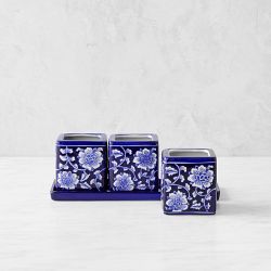 Blue &amp; White Ceramic Herb Tray with Pots, Set of 3