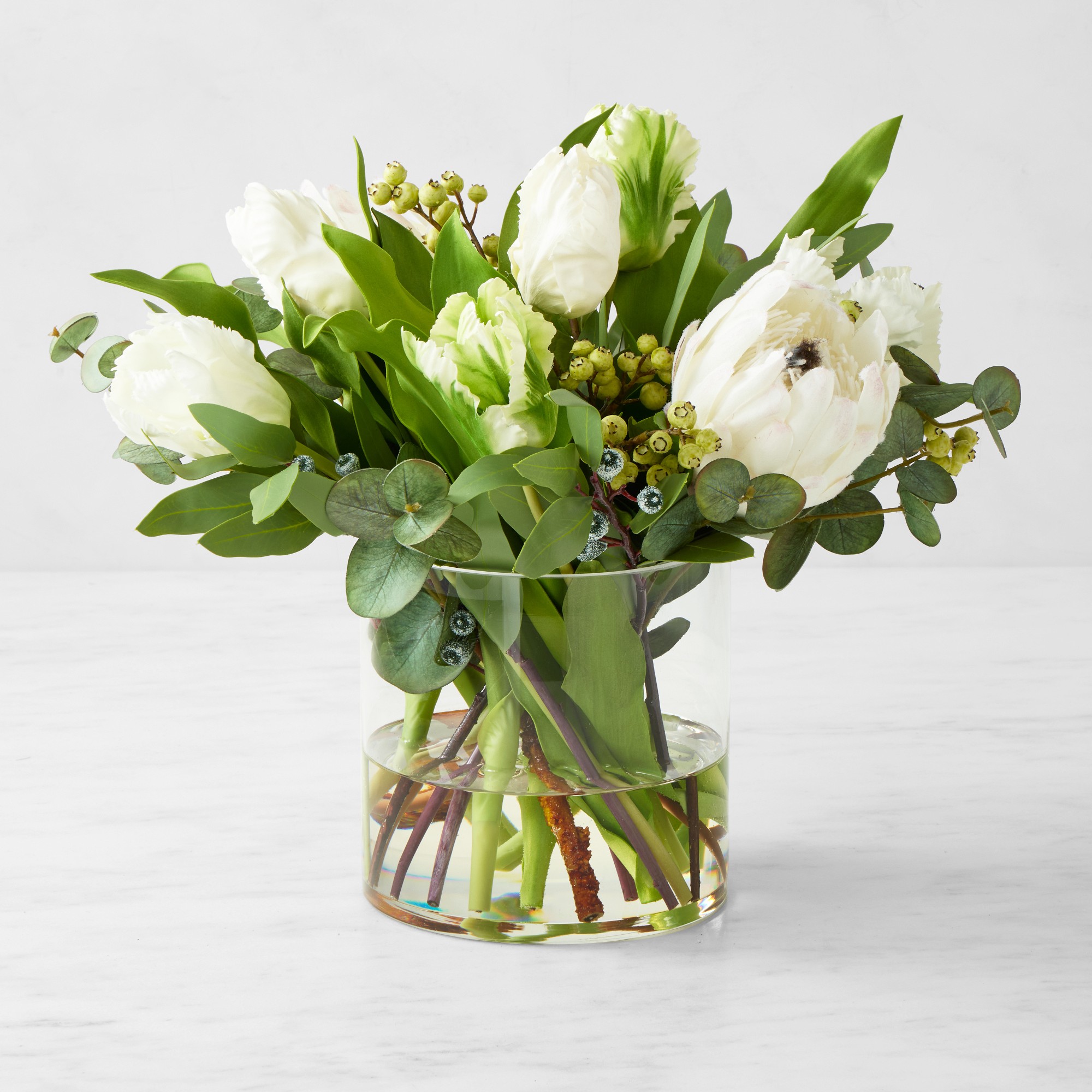 Faux Tulip & Eucalyptus Floral Arrangement in Glass Vase Simolary simolary.com