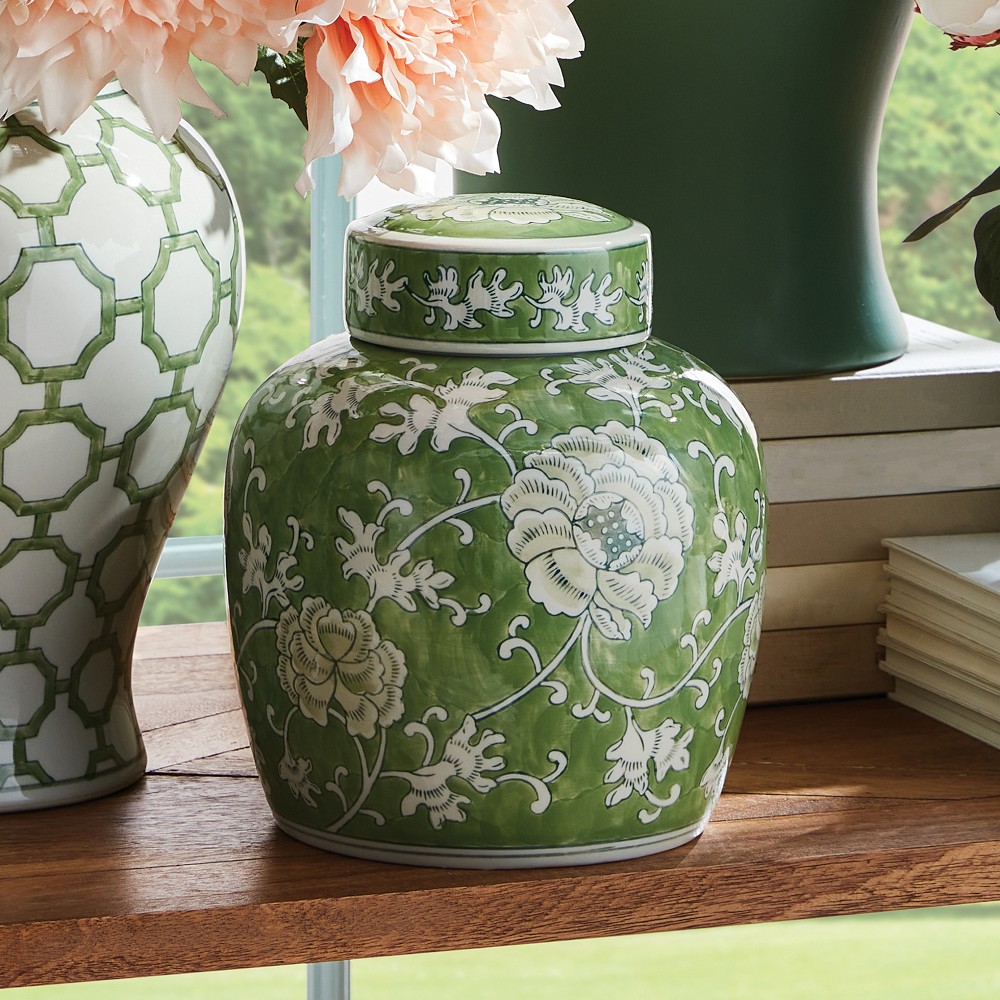 Chinoiserie Lidded Jar - Green and White, Small