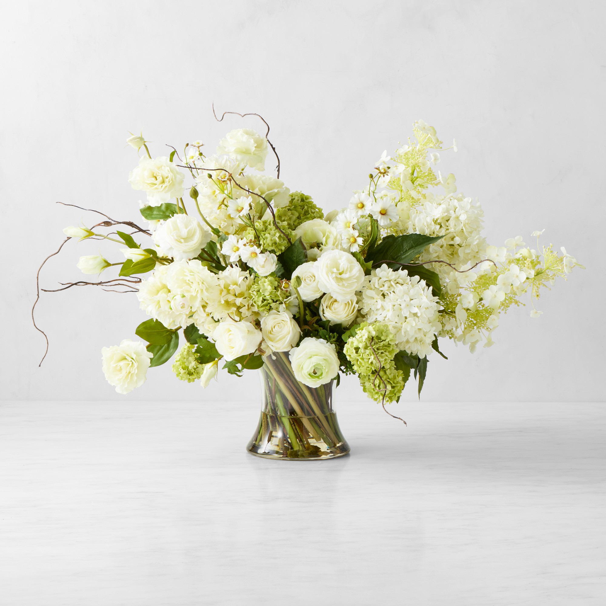 Faux Ranunculus & Hydrangea Floral Arrangement in Glass Vase Simolary simolary.com