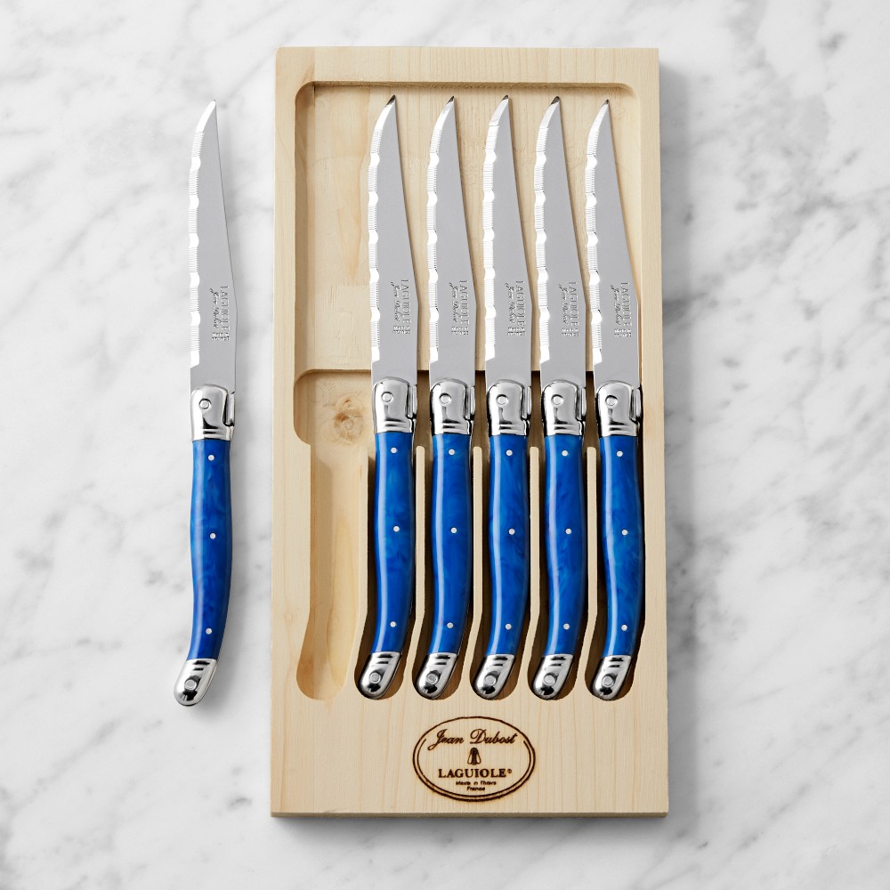 Jean Dubost Laguiole Steak Knives, Set of 6, Blue Marble