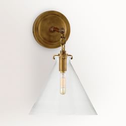 Scarlet Conical Sconce, Clear Glass, Antique Brass