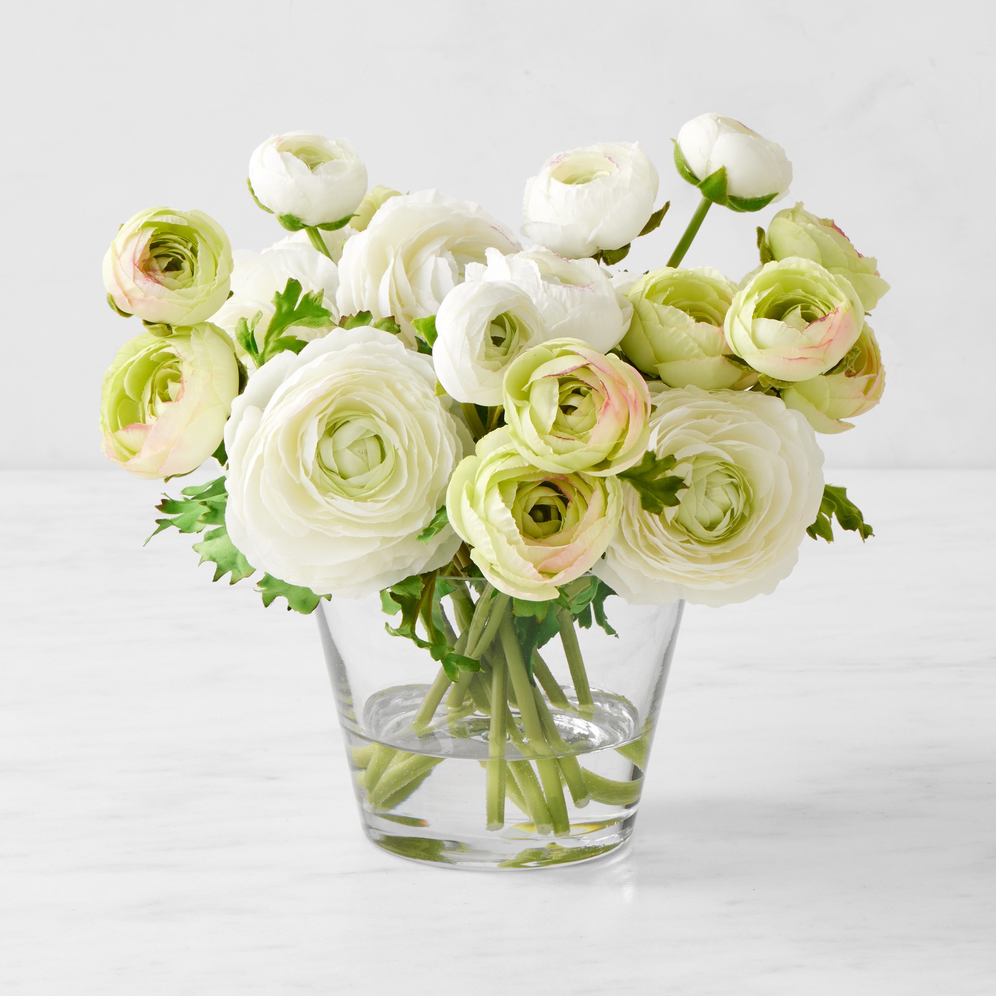 Faux Ranunculus Floral Arrangement in Glass Vase Simolary simolary.com