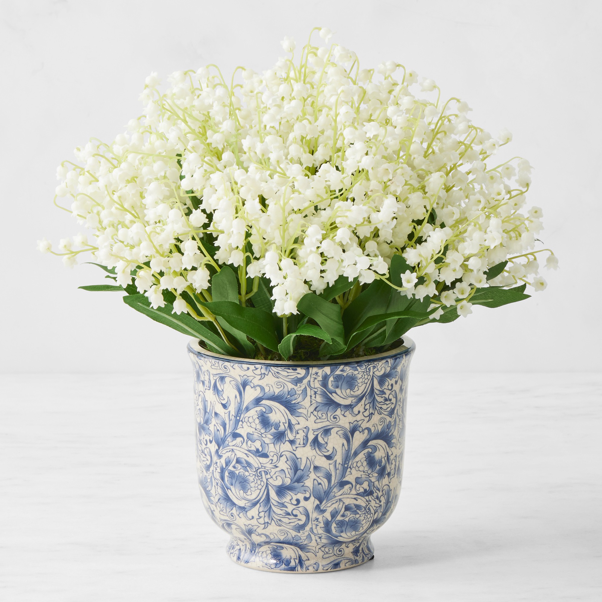 Faux Lily of the Valley Arrangement in Blue & White Pot Sansujyuku sansujyuku.com