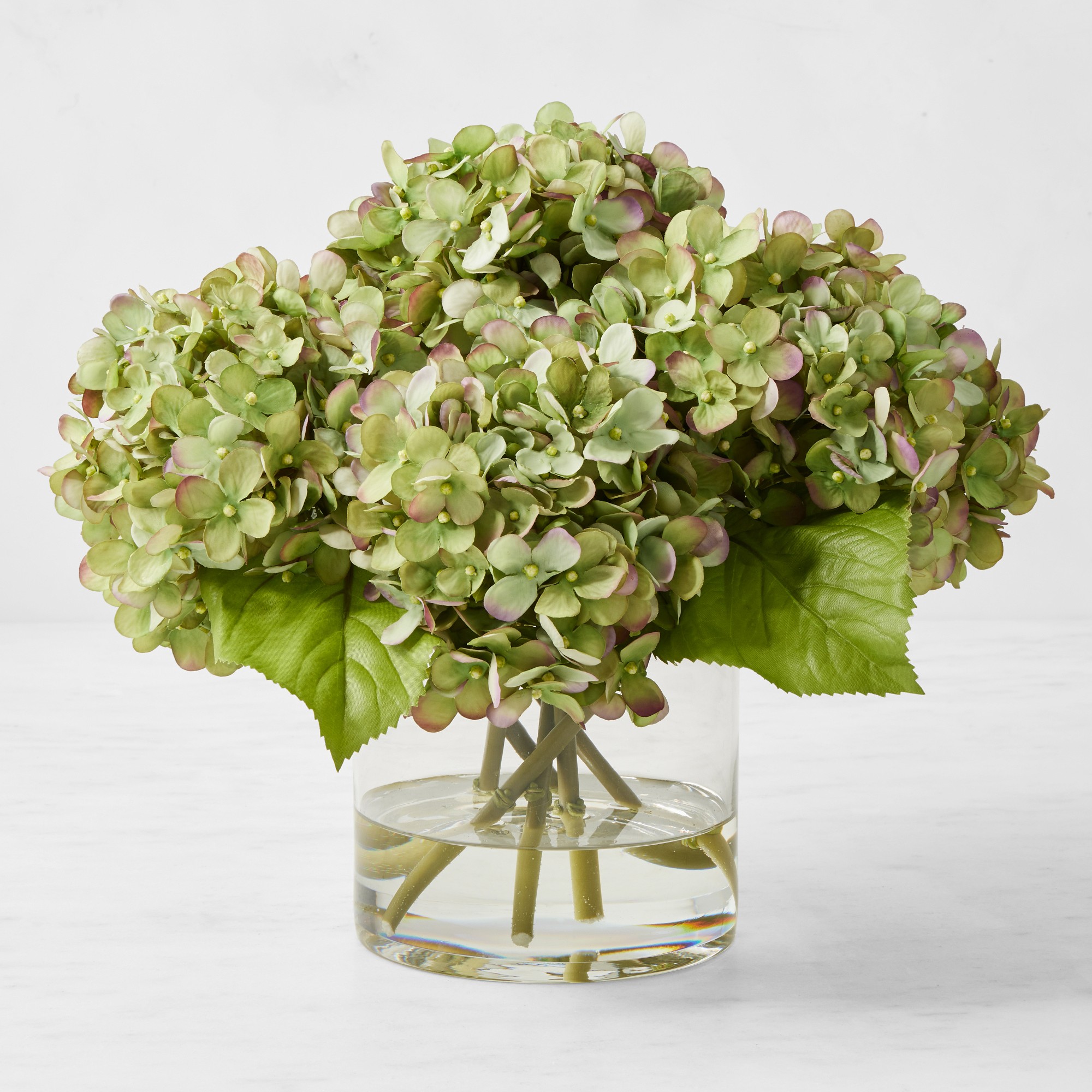 Faux Green & Purple Hydrangea Arrangement in Glass Vase Simolary simolary.com