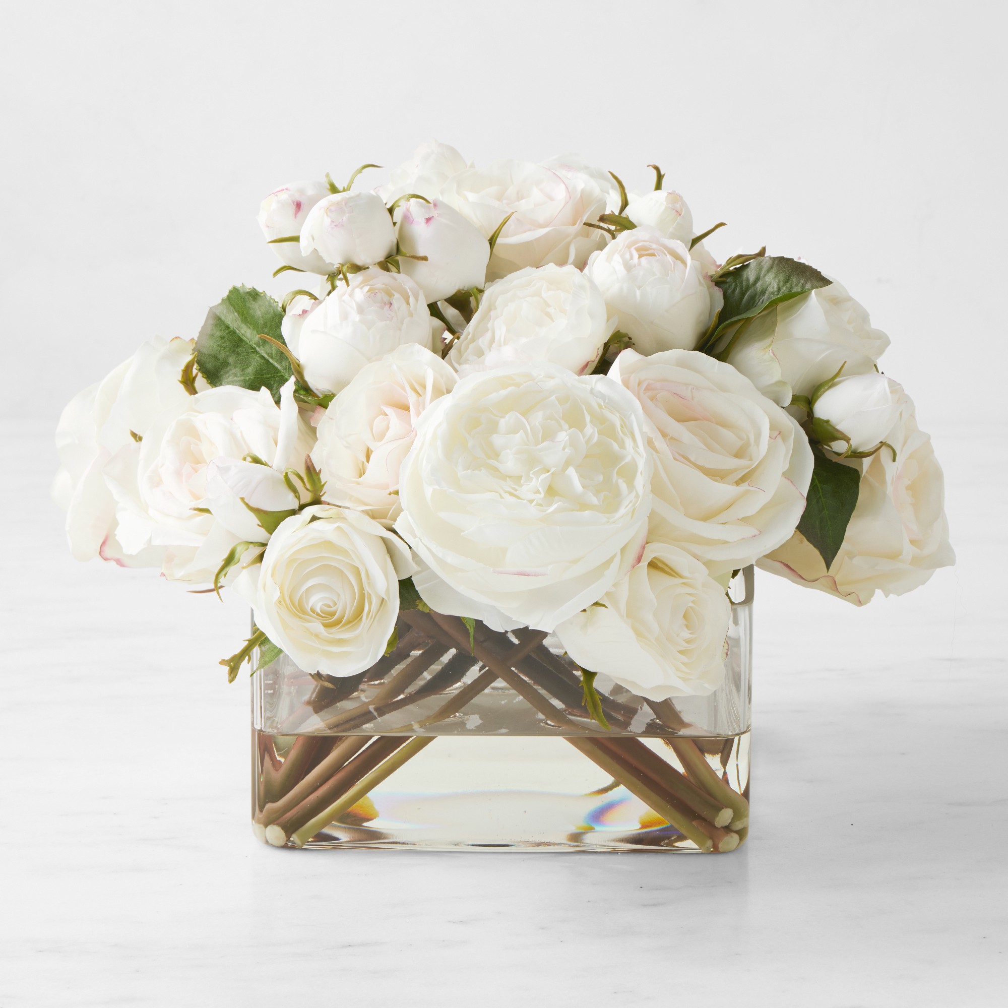 Faux White Rose Arrangement in Square Vase Simolary simolary.com