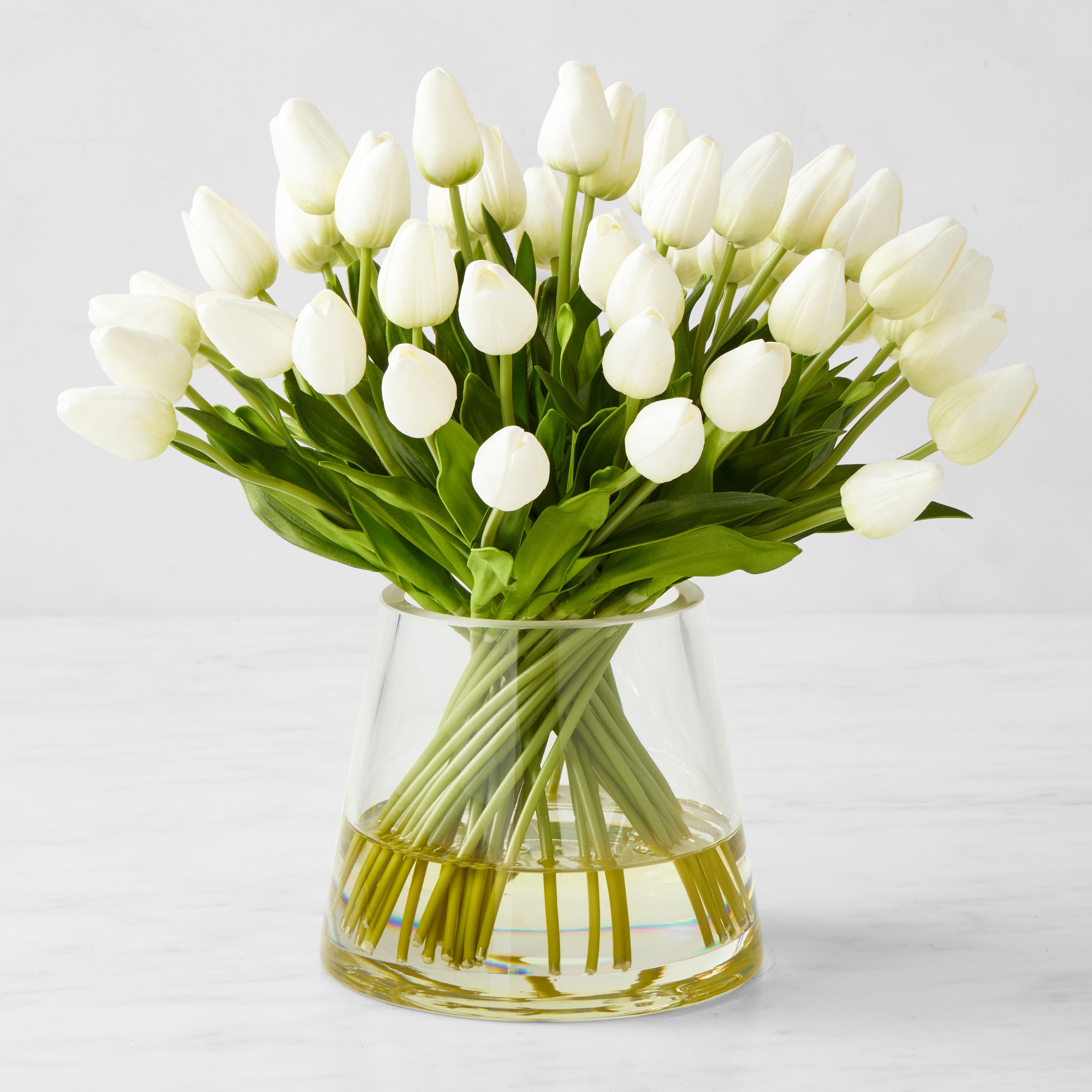 Faux White Tulip Arrangement in Glass Vase Simolary simolary.com