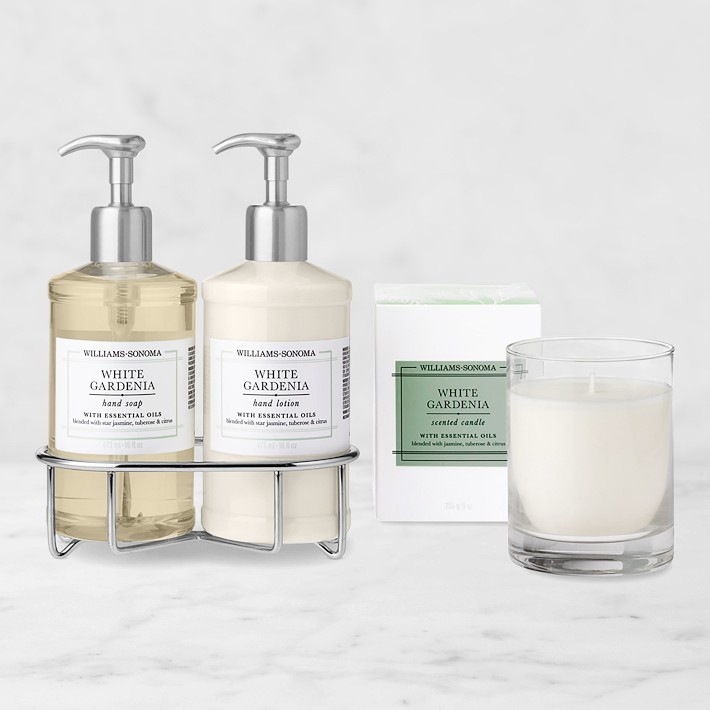 Williams Sonoma White Gardenia Hand Soap & Lotion 4-Piece Set, Deluxe, Stainless-Steel