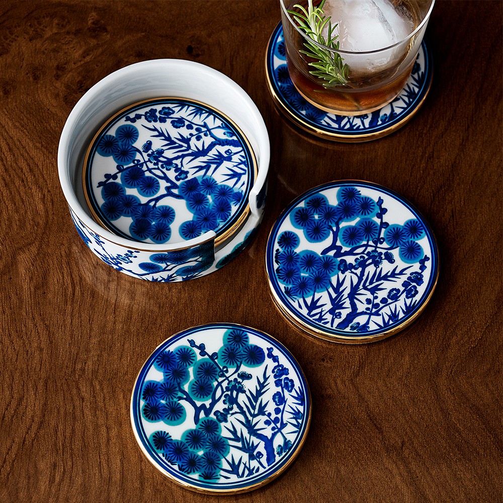 Chinoiserie Ceramic Coasters with Holder, Blue and White - Blue and White