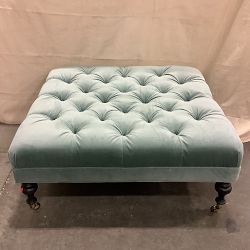 OPEN BOX:Fairfax Large Square Ottoman, Turned Leg, Tufted Signature Velvet Ocean Blue