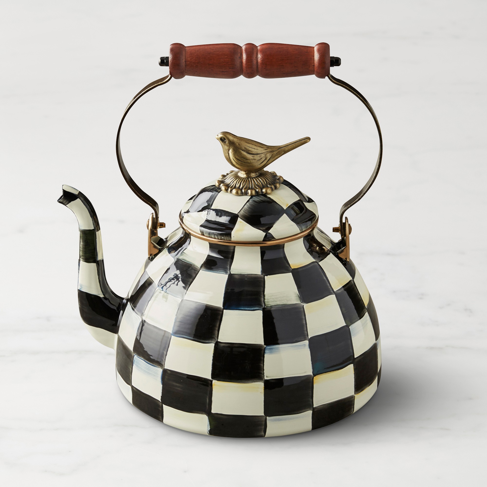 MacKenzie-Childs Courtly Check Tea Kettle with Bird Knob, 3-Qt. Simolary simolary.com
