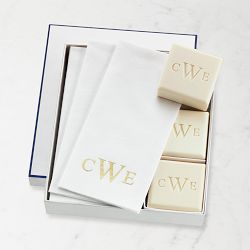 Williams Sonoma Home Monogrammed Soap & Towel Gift Set, Aqua Mineral, Gold Leaf