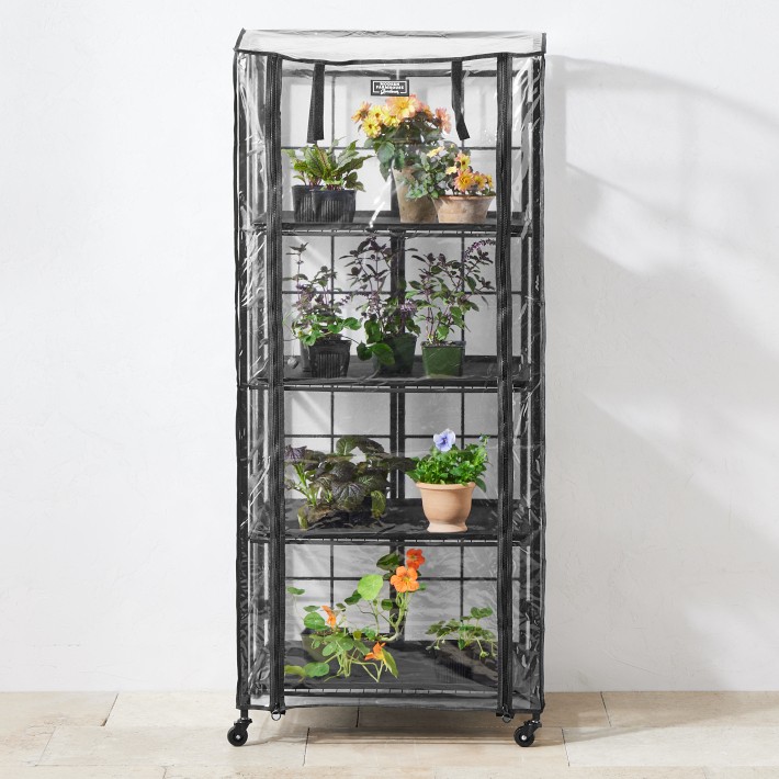 Modern Farmhouse Plant Stand with Adjustable Shelf & Patio Greenhouse, Black