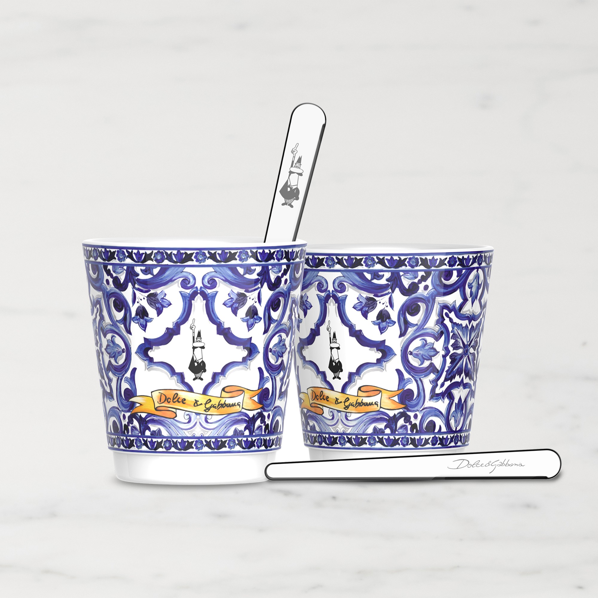 Bialetti Dolce & Gabbana Espresso Cups with Stainless-Steel Stirrers, Set of 2, Blu Mediterraneo Simolary simolary.com