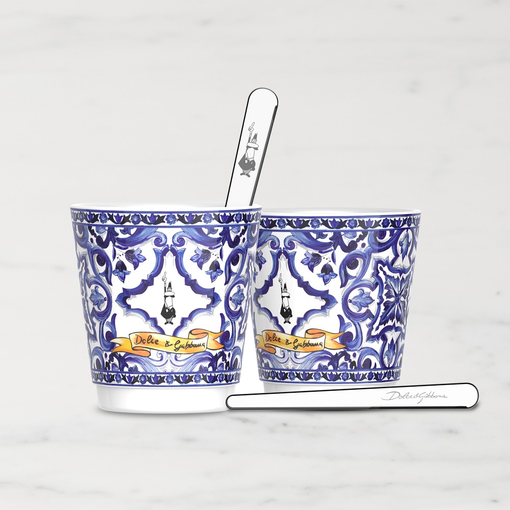 Bialetti Dolce & Gabbana Espresso Cups with Stainless-Steel Stirrers, Set of 2, Blu Mediterraneo - Set of 2, Blu Mediterraneo