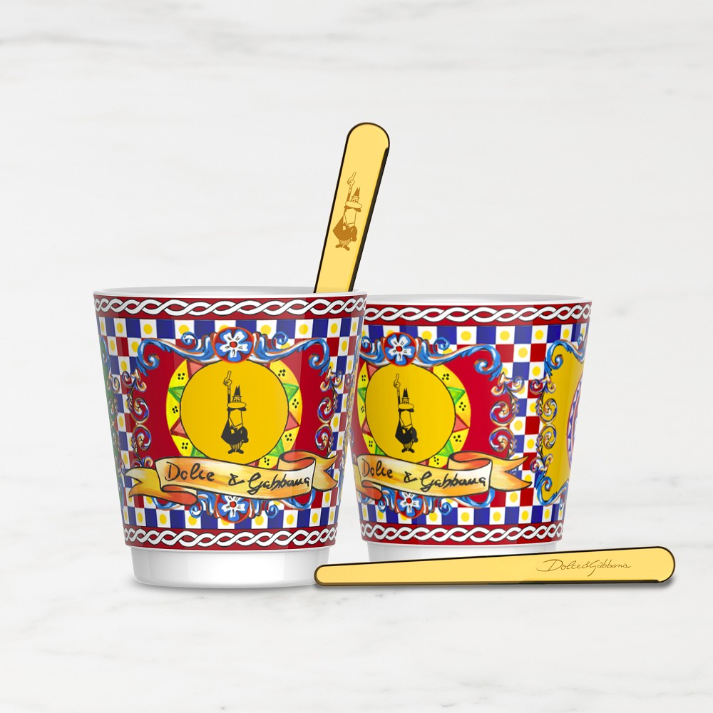 Bialetti Dolce & Gabbana Espresso Cups with Gold Stirrers, Set of 2, Carretto - Set of 2, Carretto