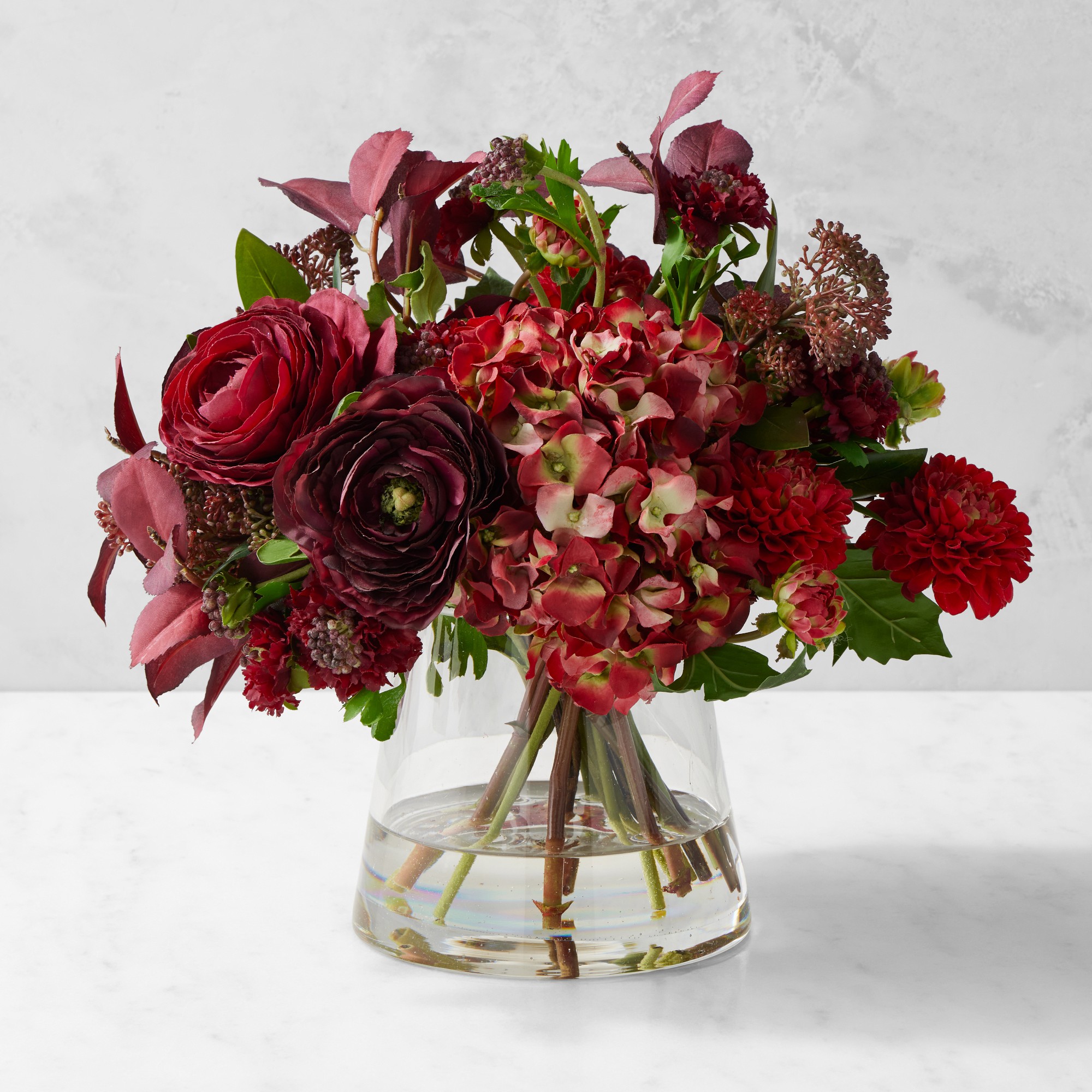 Faux Burgundy Hydrangea Rananculus Floral Arrangement in Glass Vase Simolary simolary.com